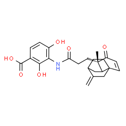 ChemSpider 2D Image | 2,4-Dihydroxy-3-({3-[(5S)-5-methyl-9-methylene-4-oxotricyclo[6.2.2.0~1,6~]dodec-2-en-5-yl]propanoyl}amino)benzoic acid | C24H27NO6