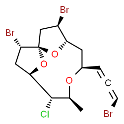 ChemSpider 2D Image | (1R,2S,4R,5S,6S,8S,10S,11R)-2,11-Dibromo-8-[(1R)-3-bromopropadienyl]-5-chloro-6-methyl-7,13,14-trioxatricyclo[8.2.1.1~1,4~]tetradecane | C15H18Br3ClO3