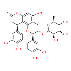 ChemSpider 2D Image | (2R,3S,10R)-2,10-Bis(3,4-dihydroxyphenyl)-5-hydroxy-8-oxo-3,4,9,10-tetrahydro-2H,8H-pyrano[2,3-f]chromen-3-yl (4xi)-6-deoxy-L-lyxo-hexopyranoside | C30H30O13