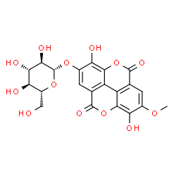 ChemSpider 2D Image | 3,8-Dihydroxy-7-methoxy-5,10-dioxo-5,10-dihydrochromeno[5,4,3-cde]chromen-2-yl beta-D-glucopyranoside | C21H18O13