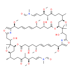 ChemSpider 2D Image | N-{(1E,4R,5R,10S)-11-[(5S,9S,11R,12E,14E,17S,25S,29S,31R,32E,34E,37S)-25-{(2S,3S,8R,10E)-11-[Formyl(methyl)amino]-2,8-dimethoxy-3,7-dimethyl-6-oxo-10-undecen-1-yl}-3,9,23,29-tetrahydroxy-11,17,31,37-t
etramethoxy-4,4,24,24-tetramethyl-7,27-dioxo-6,20,26,40-tetraoxa-41,42-diazatricyclo[36.2.1.1~18,21~]dotetraconta-1(41),12,14,18,21(42),32,34,38-octaen-5-yl]-4,10-dimethoxy-5,9-dimethyl-6-oxo-1-undece
n-1-yl}-N-methylformamide | C78H124N4O22