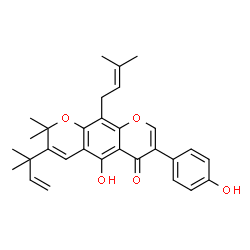 ChemSpider 2D Image | 5-Hydroxy-7-(4-hydroxyphenyl)-2,2-dimethyl-3-(2-methyl-3-buten-2-yl)-10-(3-methyl-2-buten-1-yl)-2H,6H-pyrano[3,2-g]chromen-6-one | C30H32O5