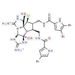 ChemSpider 2D Image | (3aR,4S,5S,6S,6aS,6bS,9aS)-6-({[(4-Bromo-1H-pyrrol-2-yl)carbonyl]amino}methyl)-4-chloro-5-({[(4,5-dibromo-1H-pyrrol-2-yl)carbonyl]amino}methyl)-3,6b-dihydroxy-5,6,6a,6b,7,9a-hexahydro-3H,4H-cyclopenta
[2,3]imidazo[4',5':4,5]pyrrolo[1,2-c]imidazole-1,8-diaminium | C22H26Br3ClN10O4