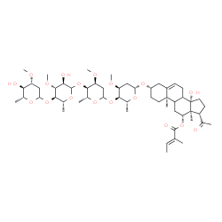 ChemSpider 2D Image | (3beta,8xi,9xi,12beta,14beta)-3-{[2,6-Dideoxy-3-O-methyl-D-arabino-hexopyranosyl-(1->4)-6-deoxy-3-O-methyl-D-glucopyranosyl-(1->4)-2,6-dideoxy-3-O-methyl-D-ribo-hexopyranosyl-(1->4)-2,6-dideoxy-3-O-me
thyl-beta-D-ribo-hexopyranosyl]oxy}-14-hydroxy-20-oxopregn-5-en-12-yl (2E)-2-methyl-2-butenoate | C54H86O18