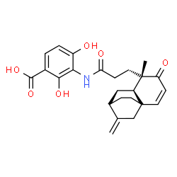 ChemSpider 2D Image | 2,4-Dihydroxy-3-({3-[(1S,6R,8S)-5-methyl-9-methylene-4-oxotricyclo[6.2.2.0~1,6~]dodec-2-en-5-yl]propanoyl}amino)benzoic acid | C24H27NO6