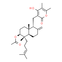 ChemSpider 2D Image | (1S,2S,4aR,5R,8aR)-5-[(4-Hydroxy-5,6-dimethyl-2-oxo-2H-pyran-3-yl)methyl]-1,4a-dimethyl-6-methylene-1-(4-methyl-3-penten-1-yl)decahydro-2-naphthalenyl acetate | C29H42O5