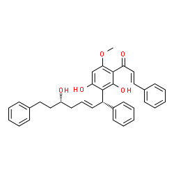 ChemSpider 2D Image | (2E)-1-{2,4-Dihydroxy-3-[(1S,2E,5S)-5-hydroxy-1,7-diphenyl-2-hepten-1-yl]-6-methoxyphenyl}-3-phenyl-2-propen-1-one | C35H34O5