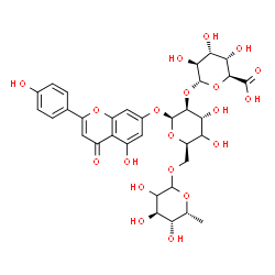 ChemSpider 2D Image | 5-Hydroxy-2-(4-hydroxyphenyl)-4-oxo-4H-chromen-7-yl alpha-D-altropyranuronosyl-(1->2)-[(2xi)-6-deoxy-D-xylo-hexopyranosyl-(1->6)]-(4xi)-beta-D-arabino-hexopyranoside | C33H38O20