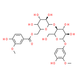 ChemSpider 2D Image | 4-Hydroxy-3-methoxyphenyl (5xi)-4-O-[6-O-(4-hydroxy-3-methoxybenzoyl)-L-threo-hexopyranosyl]-beta-D-xylo-hexopyranoside | C27H34O16