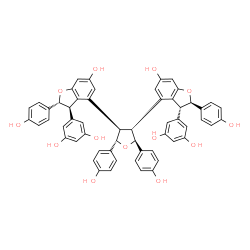 ChemSpider 2D Image | 5,5'-{[(2S,3R,4R,5S)-2,5-Bis(4-hydroxyphenyl)tetrahydrofuran-3,4-diyl]bis[(2R,3R)-6-hydroxy-2-(4-hydroxyphenyl)-2,3-dihydro-1-benzofuran-4,3-diyl]}di(1,3-benzenediol) | C56H44O13