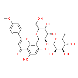 ChemSpider 2D Image | (1xi)-1,5-Anhydro-2-O-(6-deoxy-D-gulopyranosyl)-1-[5,7-dihydroxy-2-(4-methoxyphenyl)-4-oxo-4H-chromen-8-yl]-D-galactitol | C28H32O14