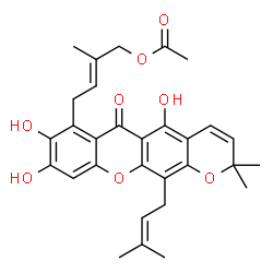 ChemSpider 2D Image | (2E)-2-Methyl-4-[5,8,9-trihydroxy-2,2-dimethyl-12-(3-methyl-2-buten-1-yl)-6-oxo-2H,6H-pyrano[3,2-b]xanthen-7-yl]-2-buten-1-yl acetate | C30H32O8