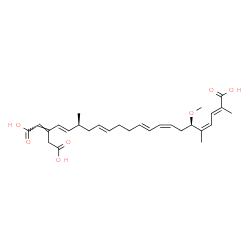 ChemSpider 2D Image | (2E,4Z,6R,8Z,10E,14E,17S,18E,20E)-20-(Carboxymethyl)-6-methoxy-2,5,17-trimethyl-2,4,8,10,14,18,20-docosaheptaenedioic acid | C28H38O7