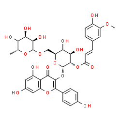ChemSpider 2D Image | 5,7-Dihydroxy-2-(4-hydroxyphenyl)-4-oxo-4H-chromen-3-yl (4xi)-6-O-[(4xi)-6-deoxy-D-ribo-hexopyranosyl]-2-O-[(2E)-3-(4-hydroxy-3-methoxyphenyl)-2-propenoyl]-alpha-L-xylo-hexopyranoside | C37H38O18