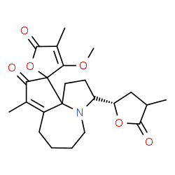ChemSpider 2D Image | 3'-Methoxy-4',9-dimethyl-3-[(2S)-4-methyl-5-oxotetrahydro-2-furanyl]-2,3,5,6,7,8-hexahydro-1H,5'H,10H-spiro[cyclopenta[b]pyrrolo[1,2-a]azepine-11,2'-furan]-5',10-dione | C23H29NO6