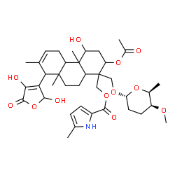 ChemSpider 2D Image | 3-Acetoxy-14-(2,4-dihydroxy-5-oxo-2,5-dihydro-3-furanyl)-1-hydroxy-15-{[(2R,5S,6S)-5-methoxy-6-methyltetrahydro-2H-pyran-2-yl]oxy}-8,13-dimethylpodocarp-12-en-16-yl 5-methyl-1H-pyrrole-2-carboxylate | C38H53NO12