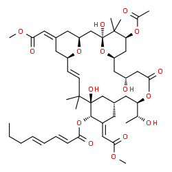 ChemSpider 2D Image | (3S,5Z,7R,8E,11R,12S,13E,15S,17R,21R,23R,25S)-25-Acetoxy-1,11,21-trihydroxy-17-[(1R)-1-hydroxyethyl]-5,13-bis(2-methoxy-2-oxoethylidene)-10,10,26,26-tetramethyl-19-oxo-18,27,29-trioxatetracyclo[21.3.1
.1~3,7~.1~11,15~]nonacos-8-en-12-yl (2E,4E)-2,4-octadienoate | C48H70O16