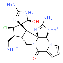 ChemSpider 2D Image | (3aR,5'S,10aS,11S,12S,13R,13aS,13bR)-2,2'-Diamino-11-(ammoniomethyl)-12-chloro-5'-hydroxy-8-oxo-1,1',3a,5',10a,11,12,13a-octahydro-8H,10H-spiro[cyclopenta[3,4]pyrrolo[1,2-a]imidazo[4,5-b]pyrrolo[1,2-d
]pyrazin-3-ium-13,4'-imidazol[1]ium] | C17H25ClN9O2