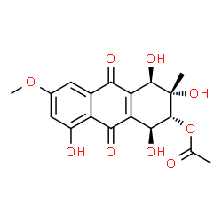 ChemSpider 2D Image | (1S,2R,3S,4R)-1,3,4,8-Tetrahydroxy-6-methoxy-3-methyl-9,10-dioxo-1,2,3,4,9,10-hexahydro-2-anthracenyl acetate | C18H18O9