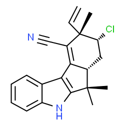 ChemSpider 2D Image | (6aS,8R,9S)-8-Chloro-6,6,9-trimethyl-9-vinyl-5,6,6a,7,8,9-hexahydroindeno[2,1-b]indole-10-carbonitrile | C21H21ClN2