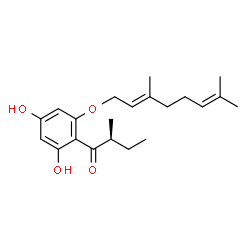 ChemSpider 2D Image | (2S)-1-(2-{[(2E)-3,7-Dimethyl-2,6-octadien-1-yl]oxy}-4,6-dihydroxyphenyl)-2-methyl-1-butanone | C21H30O4