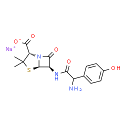 ChemSpider 2D Image | Sodium (2S,5R,6R)-6-{[amino(4-hydroxyphenyl)acetyl]amino}-3,3-dimethyl-7-oxo-4-thia-1-azabicyclo[3.2.0]heptane-2-carboxylate | C16H18N3NaO5S