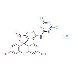 ChemSpider 2D Image | 6-[(4,6-Dichloro-1,3,5-triazin-2-yl)amino]-3',6'-dihydroxy-3H-spiro[2-benzofuran-1,9'-xanthen]-3-one hydrochloride (1:1) | C23H13Cl3N4O5
