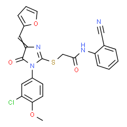 ChemSpider 2D Image | 2-{[1-(3-Chloro-4-methoxyphenyl)-4-(2-furylmethylene)-5-oxo-4,5-dihydro-1H-imidazol-2-yl]sulfanyl}-N-(2-cyanophenyl)acetamide | C24H17ClN4O4S