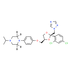 ChemSpider 2D Image | 1-(4-{[(2R,4S)-2-(2,4-Dichlorophenyl)-2-(1H-1,2,4-triazol-1-ylmethyl)-1,3-dioxolan-4-yl]methoxy}phenyl)-4-isopropyl(2,2,6,6-~2~H_4_)piperazine | C26H27D4Cl2N5O3