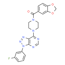 ChemSpider 2D Image | 1,3-Benzodioxol-5-yl{4-[3-(3-fluorophenyl)-3H-[1,2,3]triazolo[4,5-d]pyrimidin-7-yl]-1-piperazinyl}methanone | C22H18FN7O3