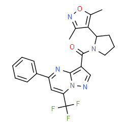 ChemSpider 2D Image | [2-(3,5-Dimethyl-1,2-oxazol-4-yl)-1-pyrrolidinyl][5-phenyl-7-(trifluoromethyl)pyrazolo[1,5-a]pyrimidin-3-yl]methanone | C23H20F3N5O2