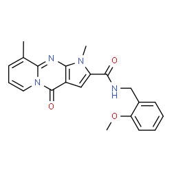 ChemSpider 2D Image | N-(2-Methoxybenzyl)-1,9-dimethyl-4-oxo-1,4-dihydropyrido[1,2-a]pyrrolo[2,3-d]pyrimidine-2-carboxamide | C21H20N4O3