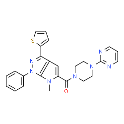 ChemSpider 2D Image | [6-Methyl-1-phenyl-3-(2-thienyl)-1,6-dihydropyrrolo[2,3-c]pyrazol-5-yl][4-(2-pyrimidinyl)-1-piperazinyl]methanone | C25H23N7OS