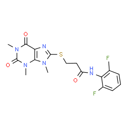 ChemSpider 2D Image | N-(2,6-Difluorophenyl)-3-[(1,3,9-trimethyl-2,6-dioxo-2,3,6,9-tetrahydro-1H-purin-8-yl)sulfanyl]propanamide | C17H17F2N5O3S