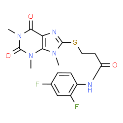 ChemSpider 2D Image | N-(2,4-Difluorophenyl)-3-[(1,3,9-trimethyl-2,6-dioxo-2,3,6,9-tetrahydro-1H-purin-8-yl)sulfanyl]propanamide | C17H17F2N5O3S