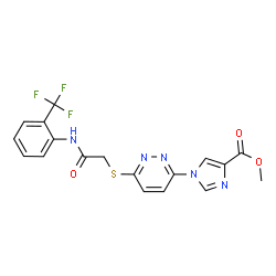 ChemSpider 2D Image | Methyl 1-{6-[(2-oxo-2-{[2-(trifluoromethyl)phenyl]amino}ethyl)sulfanyl]-3-pyridazinyl}-1H-imidazole-4-carboxylate | C18H14F3N5O3S