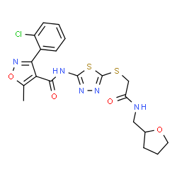 ChemSpider 2D Image | 3-(2-Chlorophenyl)-5-methyl-N-[5-({2-oxo-2-[(tetrahydro-2-furanylmethyl)amino]ethyl}sulfanyl)-1,3,4-thiadiazol-2-yl]-1,2-oxazole-4-carboxamide | C20H20ClN5O4S2