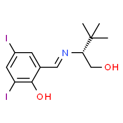 ChemSpider 2D Image | 2-[(E)-{[(2R)-1-Hydroxy-3,3-dimethyl-2-butanyl]imino}methyl]-4,6-diiodophenol | C13H17I2NO2