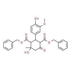 ChemSpider 2D Image | Dibenzyl 4-hydroxy-2-(4-hydroxy-3-methoxyphenyl)-4-methyl-6-oxo-1,3-cyclohexanedicarboxylate | C30H30O8