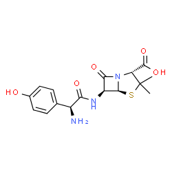 ChemSpider 2D Image | (2R,5S,6S)-6-{[(2S)-2-Amino-2-(4-hydroxyphenyl)acetyl]amino}-3,3-dimethyl-7-oxo-4-thia-1-azabicyclo[3.2.0]heptane-2-carboxylic acid | C16H19N3O5S