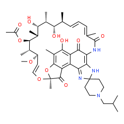 ChemSpider 2D Image | (7S,9E,11R,12S,13S,14R,15R,16R,17S,18S,19E)-2,15,17-Trihydroxy-1'-isobutyl-11-methoxy-3,7,12,14,16,18,22-heptamethyl-6,23,32-trioxospiro[8,33-dioxa-24,27,29-triazapentacyclo[23.6.1.1~4,7~.0~5,31~.0~26
,30~]tritriaconta-1(31),2,4,9,19,21,25,29-octaene-28,4'-piperidin]-13-yl acetate | C46H62N4O11