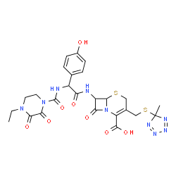 ChemSpider 2D Image | 7-{[{[(4-Ethyl-2,3-dioxo-1-piperazinyl)carbonyl]amino}(4-hydroxyphenyl)acetyl]amino}-3-{[(5-methyl-5H-tetrazol-5-yl)sulfanyl]methyl}-8-oxo-5-thia-1-azabicyclo[4.2.0]oct-2-ene-2-carboxylic acid | C25H27N9O8S2