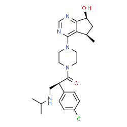 ChemSpider 2D Image | (2S)-2-(4-Chlorophenyl)-1-{4-[(5R,7S)-7-hydroxy-5-methyl-6,7-dihydro-5H-cyclopenta[d]pyrimidin-4-yl]-1-piperazinyl}-3-(isopropylamino)-1-propanone | C24H32ClN5O2