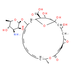 ChemSpider 2D Image | (1S,3R,5S,7S,8Z,12R,14Z,16Z,18Z,20Z,25S,26R)-22-[(3-Amino-3,6-dideoxy-beta-D-mannopyranosyl)oxy]-1,3,26-trihydroxy-12-methyl-10-oxo-6,11,28-trioxatricyclo[22.3.1.0~5,7~]octacosa-8,14,16,18,20-pentaene
-25-carboxylic acid | C33H47NO13