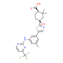 ChemSpider 2D Image | (1R,4S)-4-Hydroxy-2,2-dimethyl-4-[5-(3-methyl-5-{[4-(trifluoromethyl)-2-pyrimidinyl]amino}phenyl)-1,3-thiazol-2-yl]cyclohexanecarboxylic acid | C24H25F3N4O3S