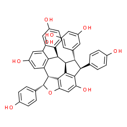ChemSpider 2D Image | (3S,4S,4aR,5R,9bR,10S)-4-(3,5-Dihydroxyphenyl)-3,5,10-tris(4-hydroxyphenyl)-3,4,4a,5,9b,10-hexahydro-11-oxabenzo[5,6]cyclohepta[1,2,3,4-jkl]-as-indacene-2,6,8-triol | C42H32O9