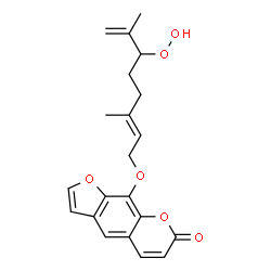 ChemSpider 2D Image | 9-{[(2E)-6-Hydroperoxy-3,7-dimethyl-2,7-octadien-1-yl]oxy}-7H-furo[3,2-g]chromen-7-one | C21H22O6