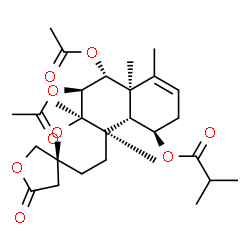 ChemSpider 2D Image | (3S,4aR,5S,6R,6aR,10R,10aS,10bR)-5,6-Diacetoxy-4a,6a,7,10b-tetramethyl-5'-oxo-1,2,4',4a,5,5',6,6a,9,10,10a,10b-dodecahydrospiro[benzo[f]chromene-3,3'-furan]-10-yl 2-methylpropanoate | C28H40O9