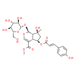 ChemSpider 2D Image | Methyl (1S,4aS,5R,7S,7aS)-1-(beta-D-glucopyranosyloxy)-7-hydroxy-5-{[(2E)-3-(4-hydroxyphenyl)-2-propenoyl]oxy}-7-methyl-1,4a,5,6,7,7a-hexahydrocyclopenta[c]pyran-4-carboxylate | C26H32O13