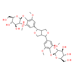 ChemSpider 2D Image | 4-{(1S)-4-[4-(beta-D-Glucopyranosyloxy)-3,5-dimethoxyphenyl]tetrahydro-1H,3H-furo[3,4-c]furan-1-yl}-2,6-dimethoxyphenyl beta-D-glucopyranoside | C34H46O18
